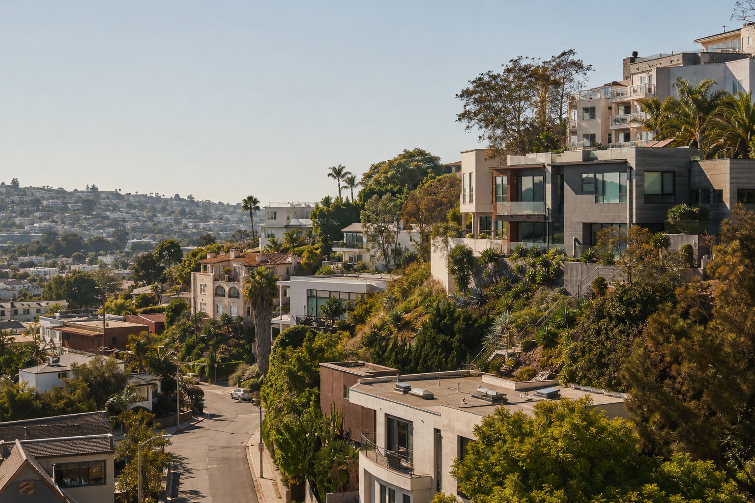 Hillside California neighborhood with homes and contemporary residential buildings integrated into the terrain.