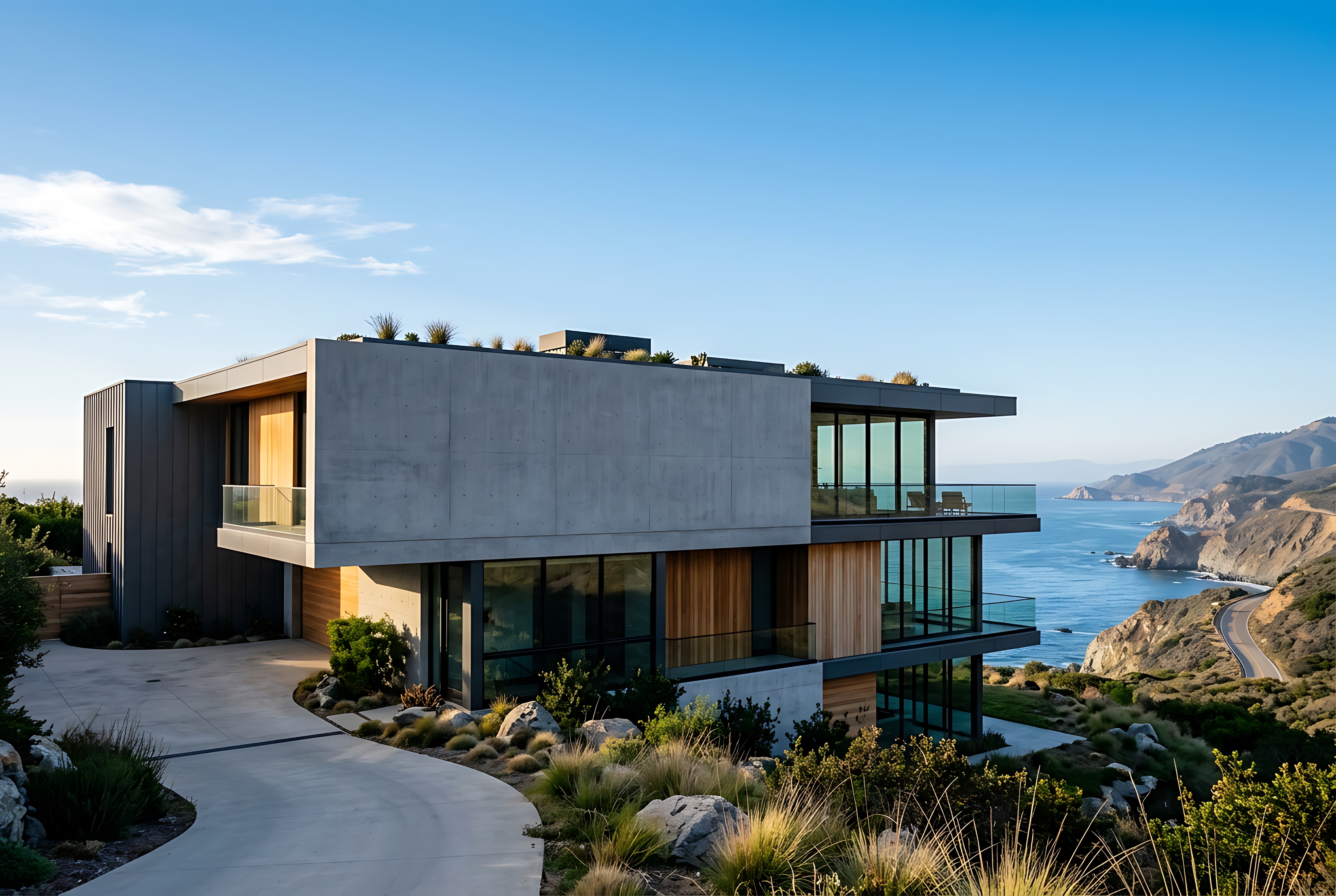 A modern concrete and timber residence on a California coastal bluff above the ocean.