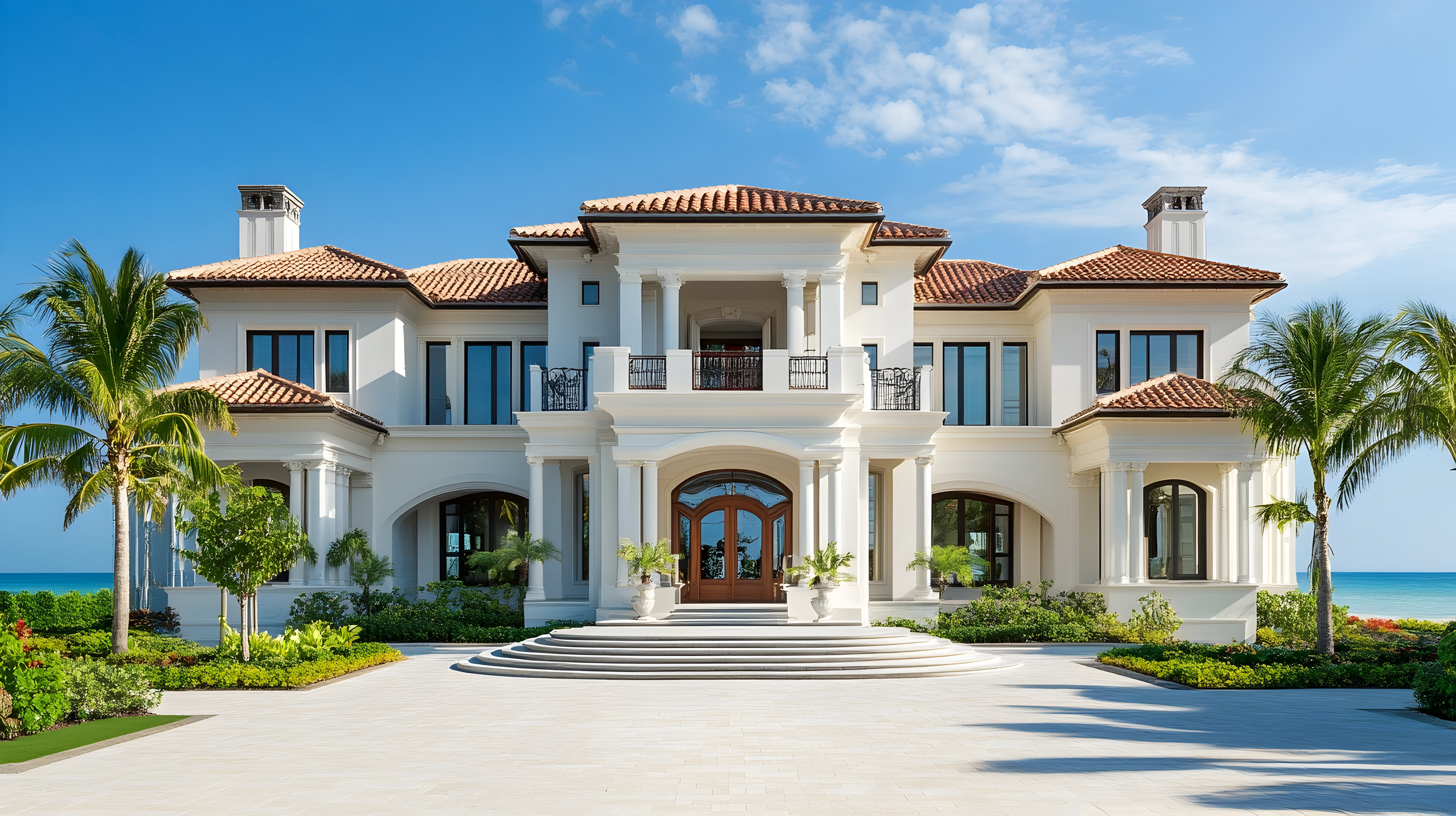 A coastal California estate under midday sun, palms at the entry court and the ocean beyond.