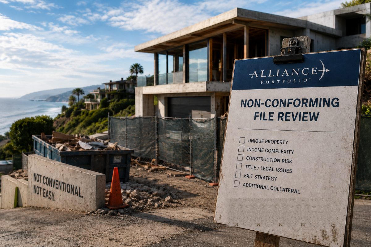 Non-conforming coastal construction site with Alliance Portfolio file-review board