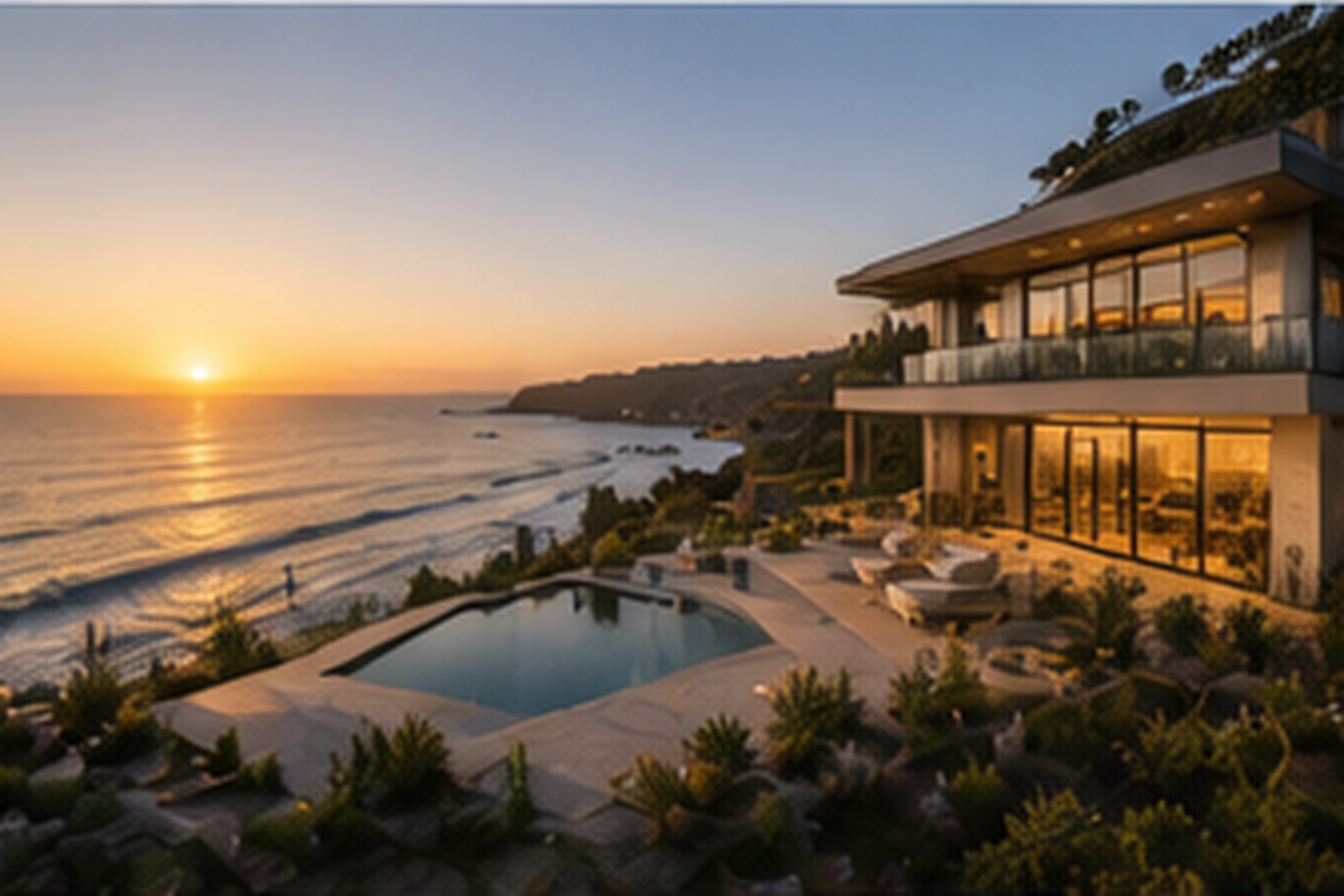 A modern California home on a coastal bluff in the last of the afternoon light.