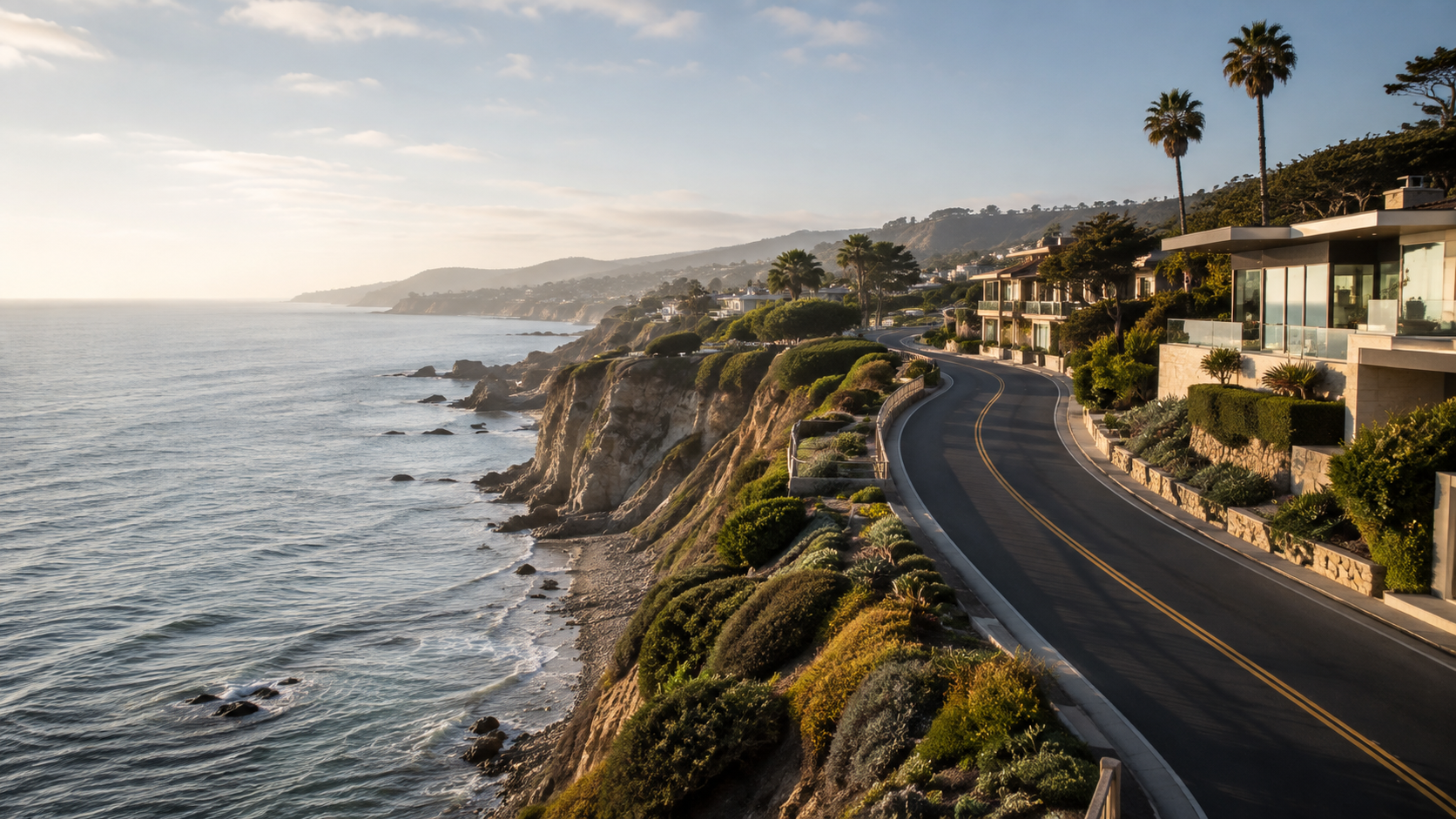 A coastal California road curving above the ocean past cliffside houses in late afternoon light.