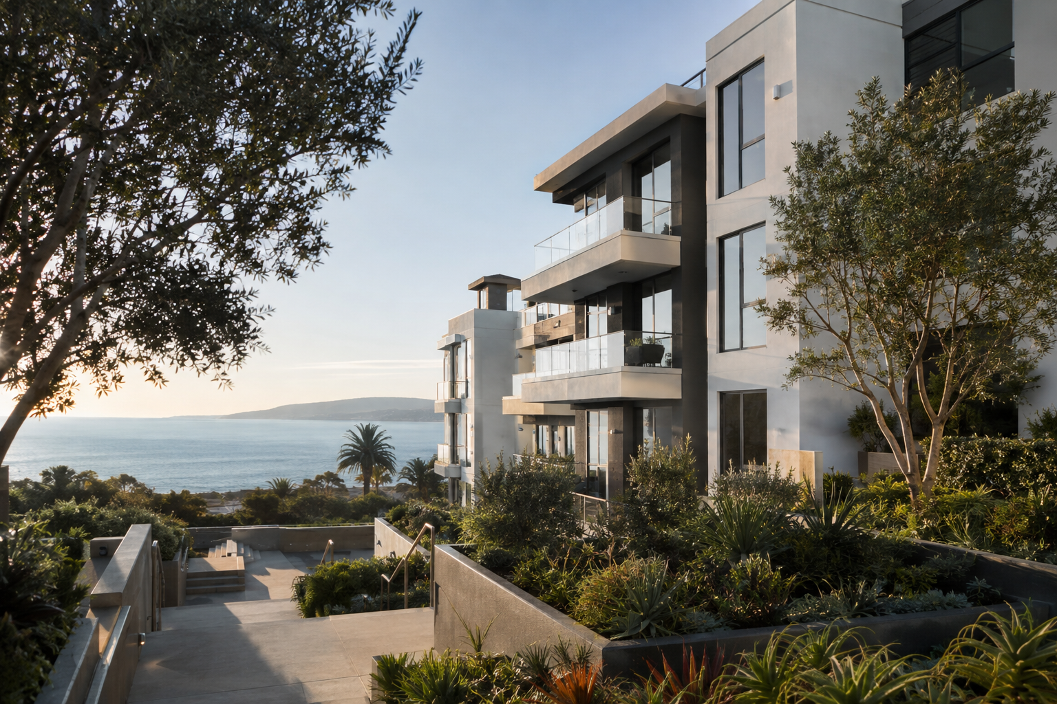 A modern California house above the coast, its terrace open to the ocean in afternoon light.