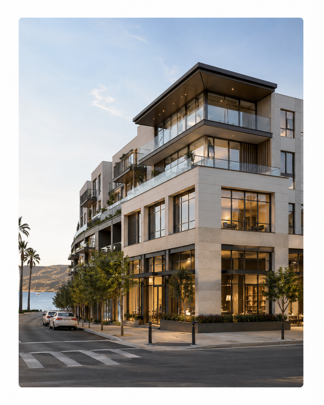 A low-rise California corner building in stone and glass at golden hour, terraced planting at its entrance.