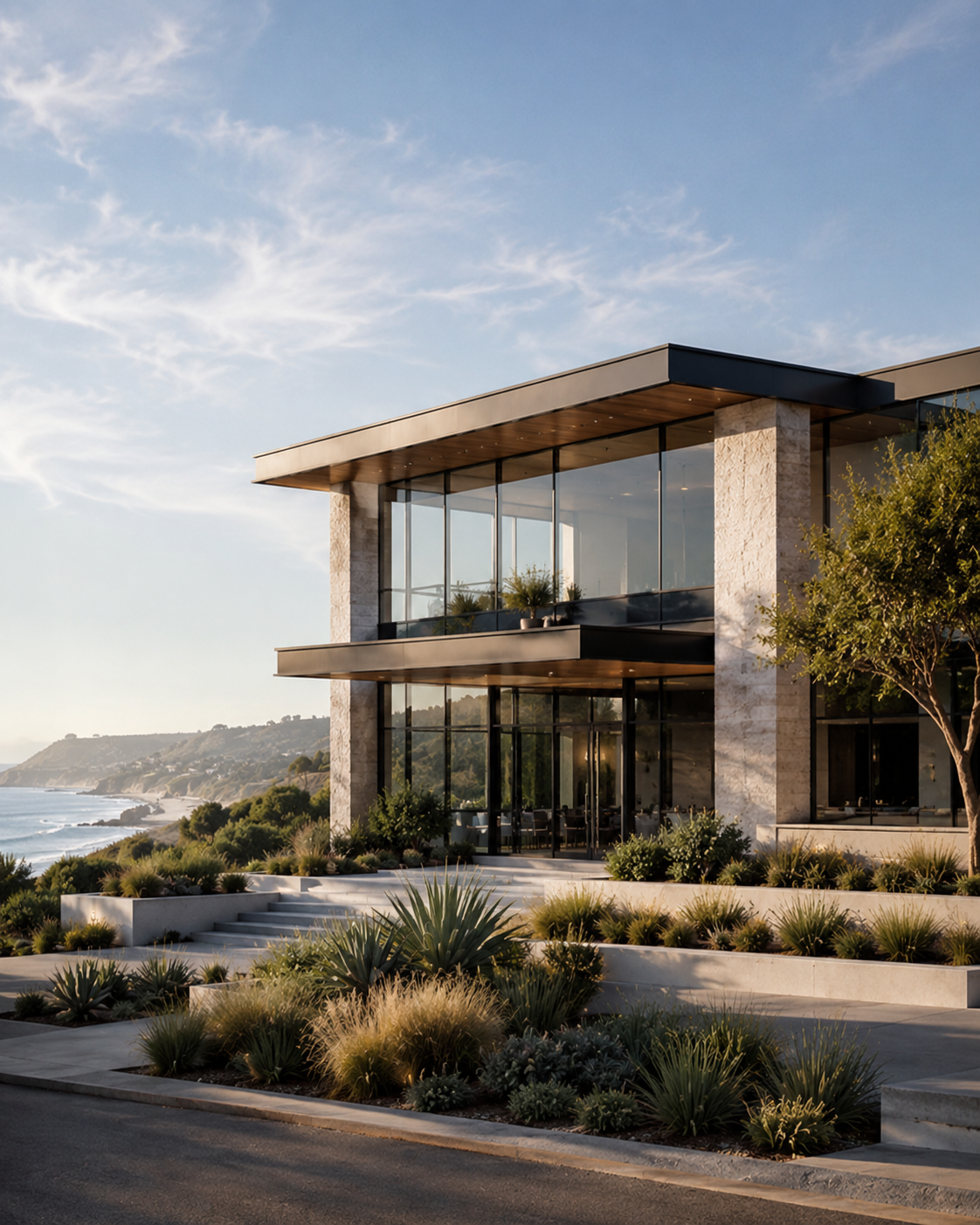 A low-rise California building in glass and stone above the coastline, evening light on its terraces.