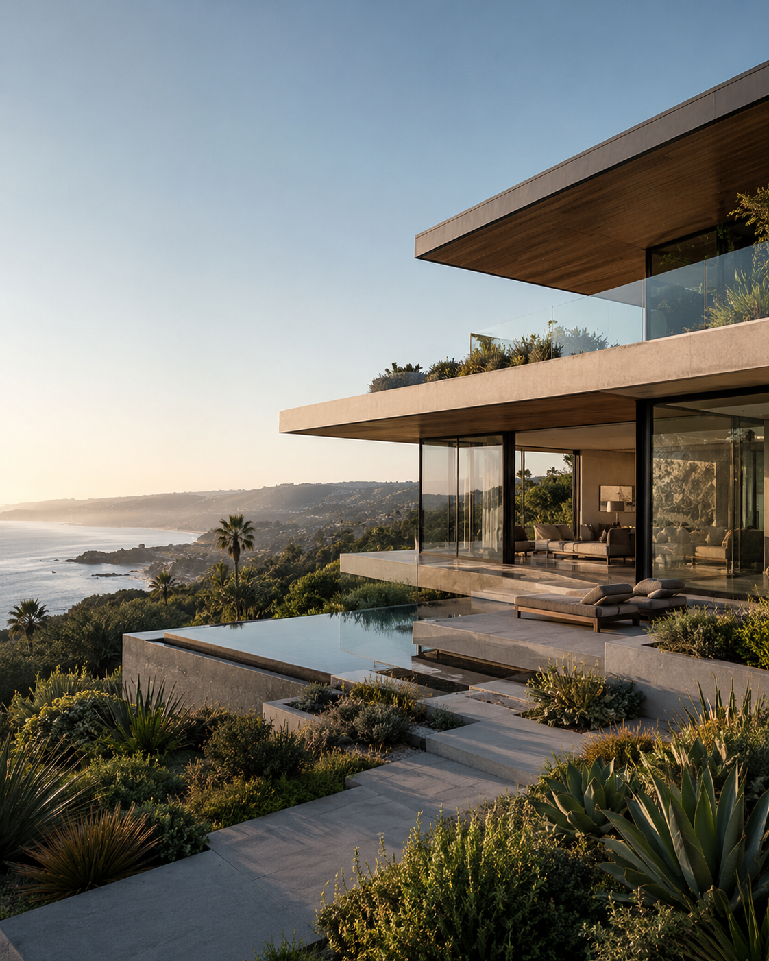 A terraced modern California residence on a hillside above the coast in warm light.