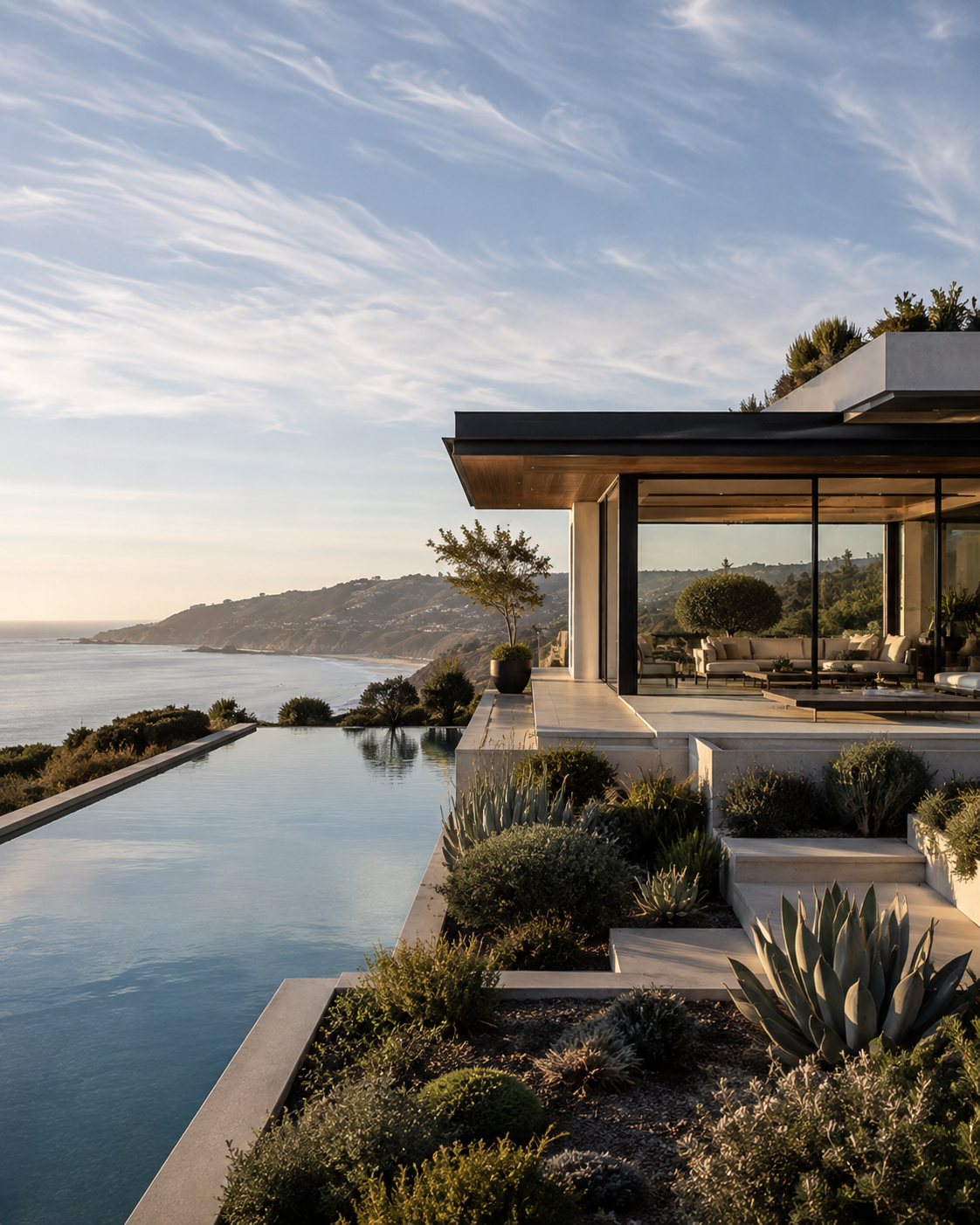 A modern California house and pool above the coastline in morning light.