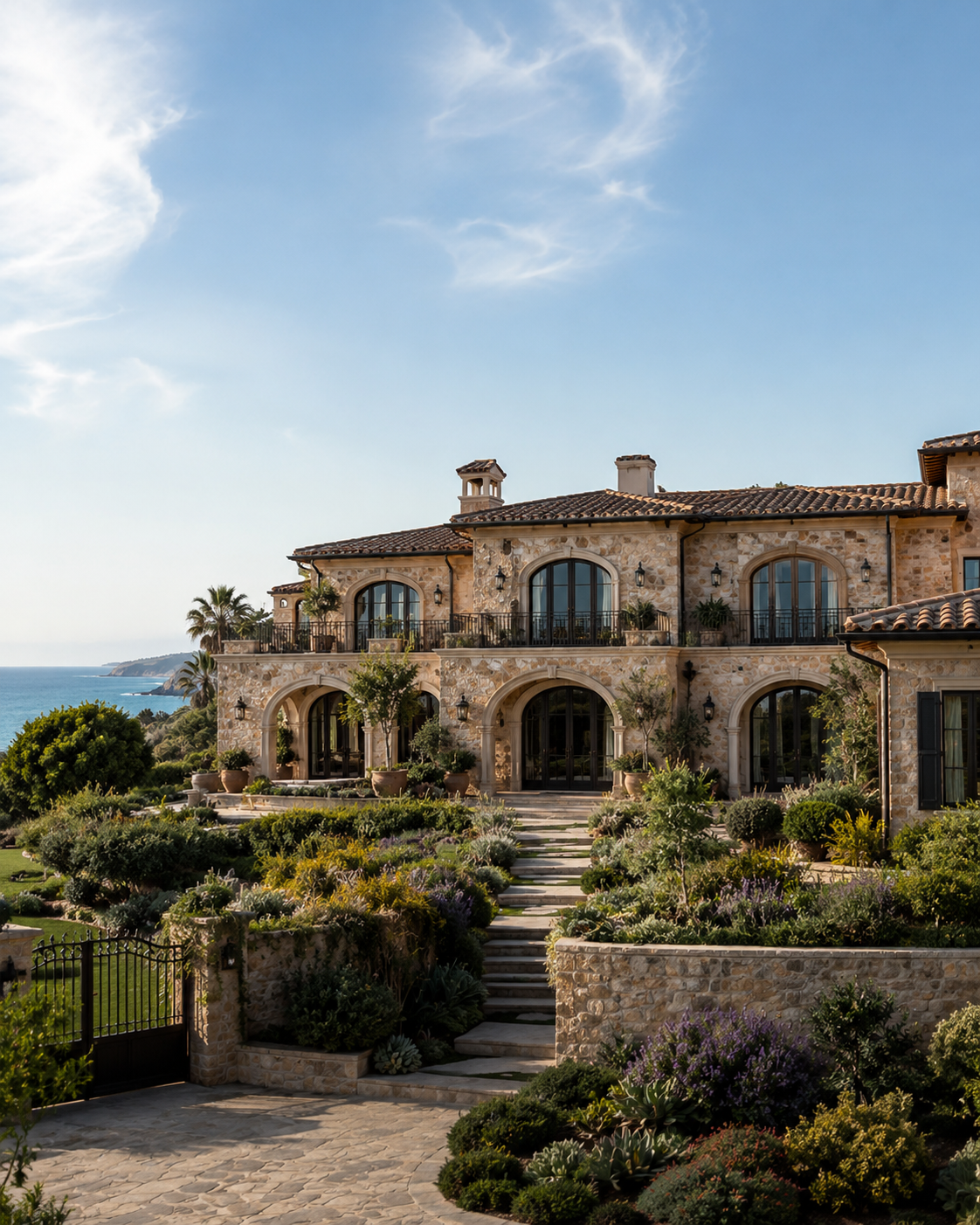 A stone California villa above the sea, terraced gardens stepping down to its gate.