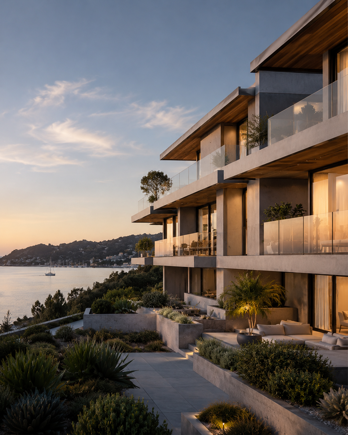 A terraced modern California residence above the water in the last of the sun.