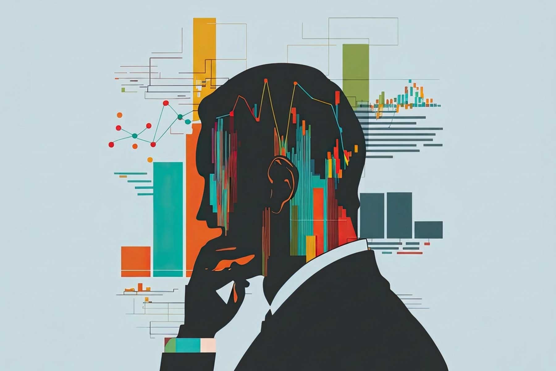 Editorial illustration: an investor in profile reading abstract charts, what the numbers do and do not tell