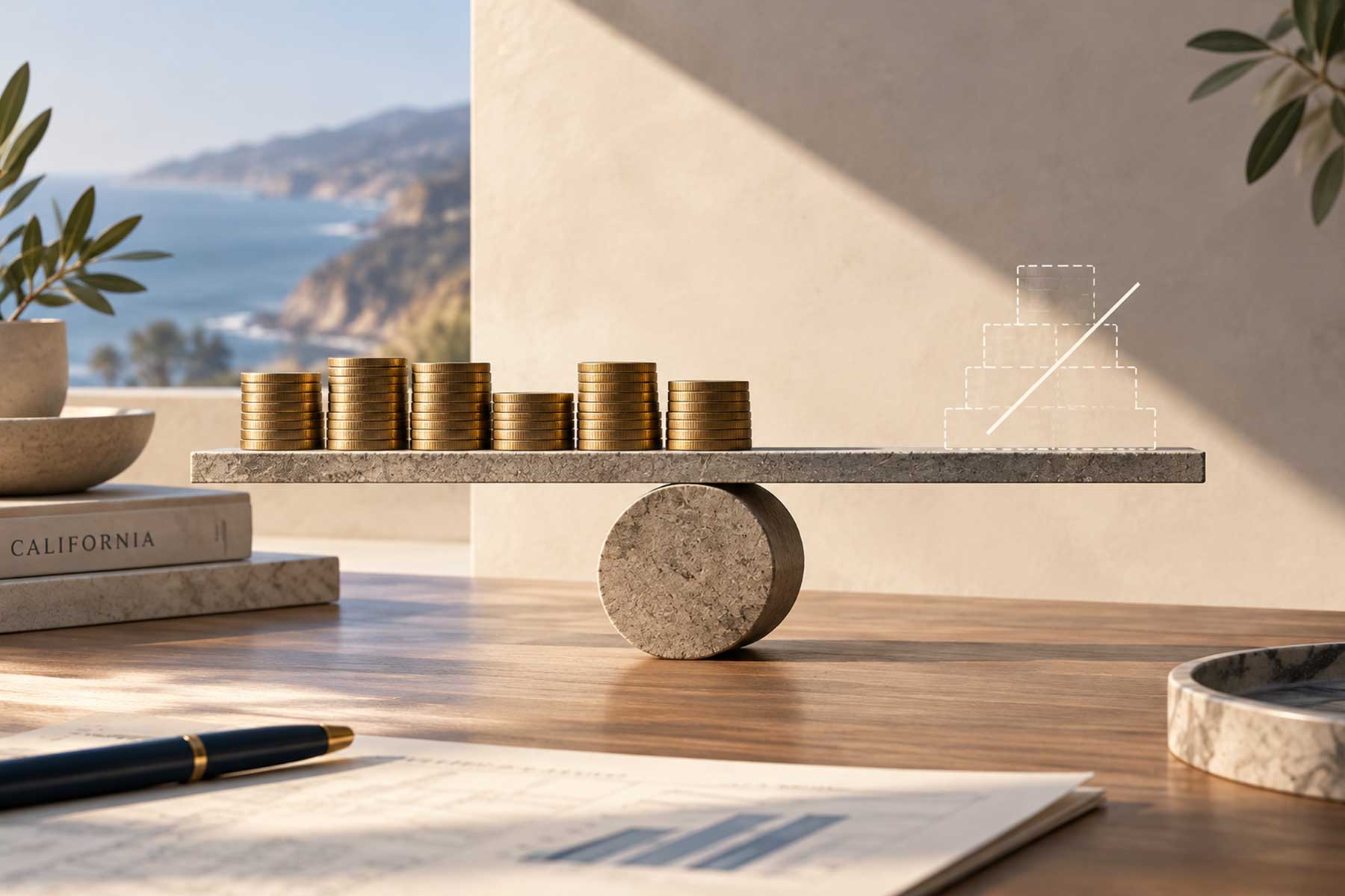 Editorial still life: coin stacks balanced on a stone beam against coastal California light, a ghosted struck-through borrowed layer at right