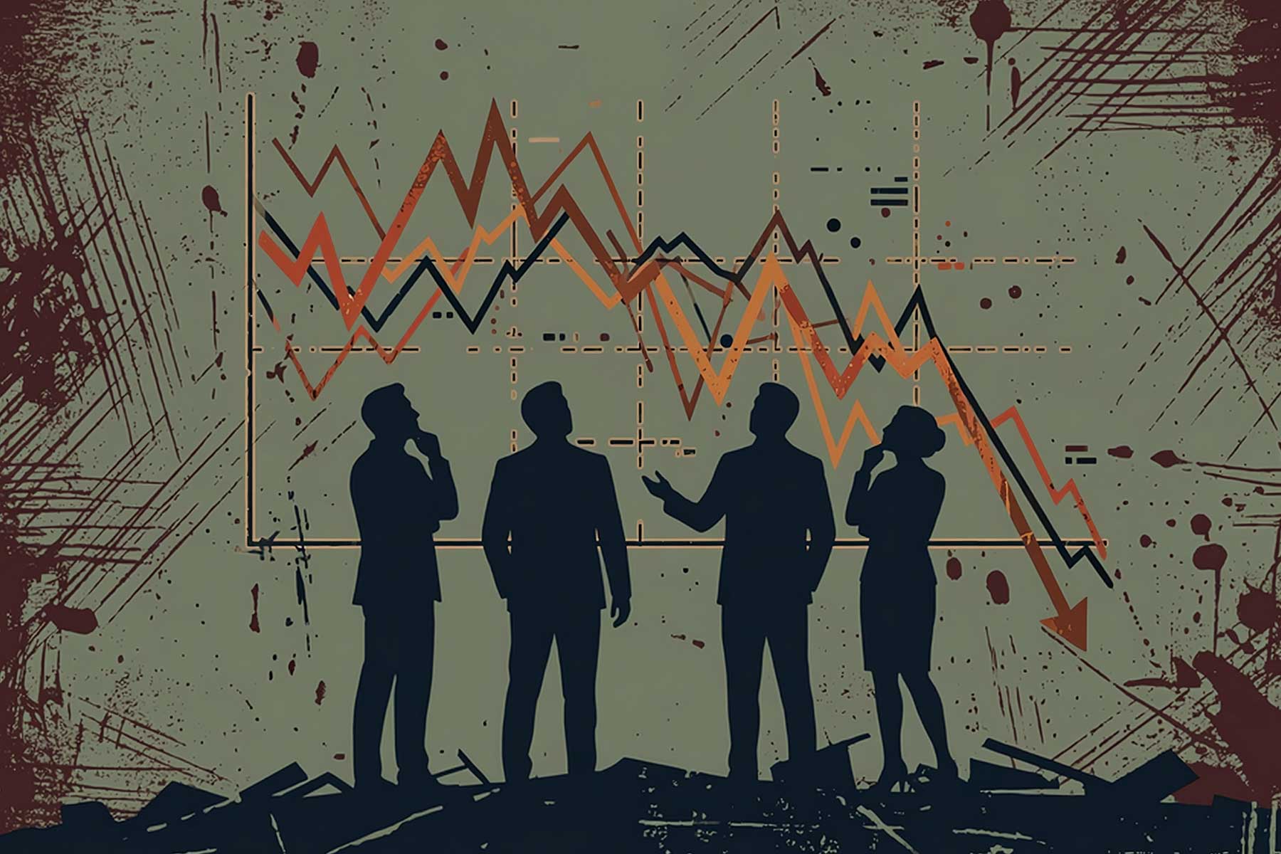 Editorial illustration: four silhouetted figures studying a declining chart, textured print style