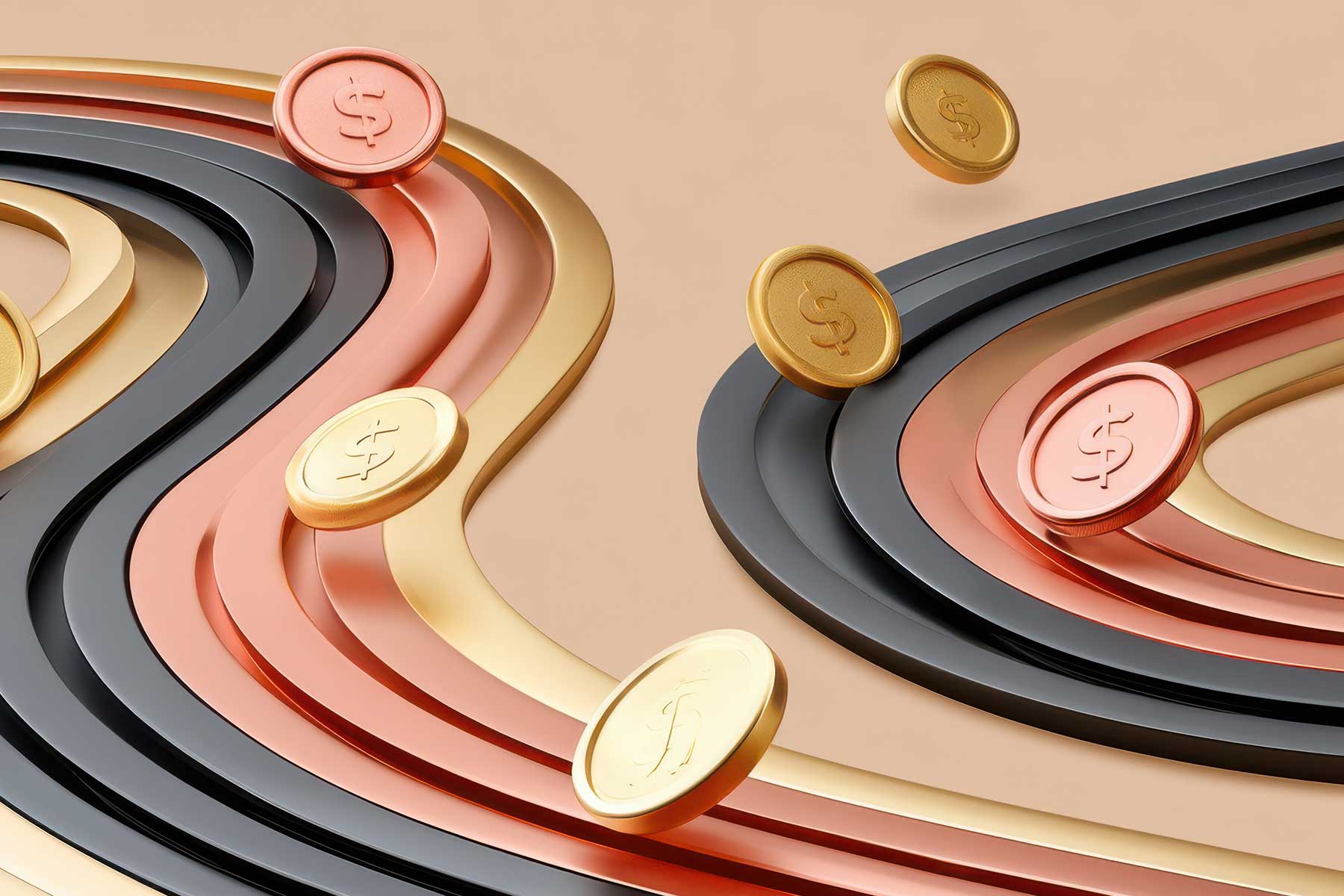 Editorial 3D illustration: coins traveling two winding metallic channels at different speeds, income on one clock, principal on another